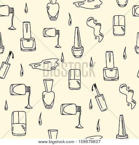 Hand drawn nail polish doodles for beauty salon. Seamless pattern with sketchy nail polish jars, spills and drops. Vector EPS10 illustration.