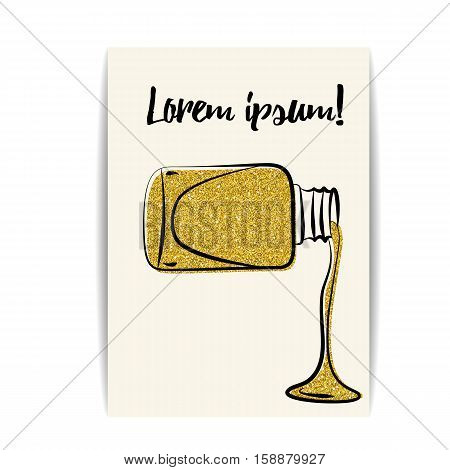 Nail polish banner with golden glitter texture. Manicure card with shiny sparkles. Fashion template for beauty salon or nail artist design. For coupon and gift certificate. Vector EPS10 illustration.