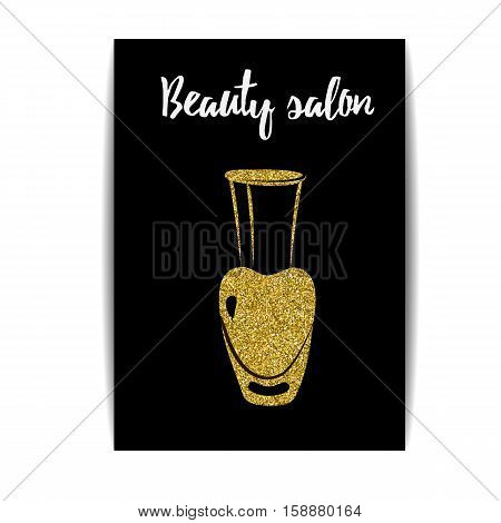 Nail polish banner with golden glitter texture. Manicure card with shiny sparkles. Fashion template for beauty salon or nail artist design. For coupon and gift certificate. Vector EPS10 illustration.