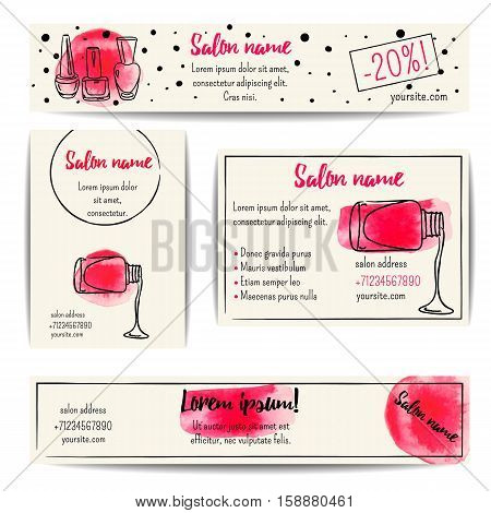 Nail polish banner. Vector set of manicure flyers and coupons. Beauty salon or nail artist design. Isolated fashion templates collection. Watercolor sketchy style. Hand drawn  illustration. EPS10.