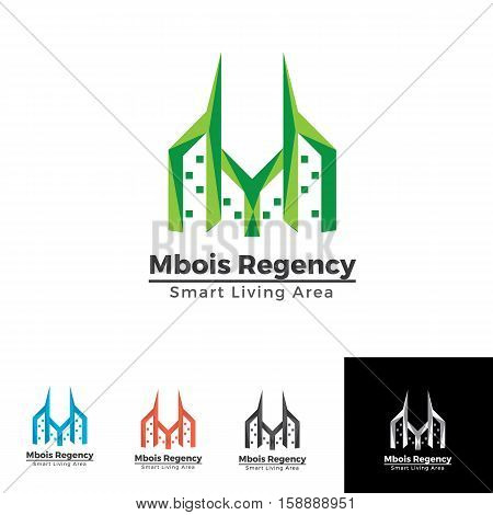 Twin Tower with letter m logo template. high apaertment for smart living