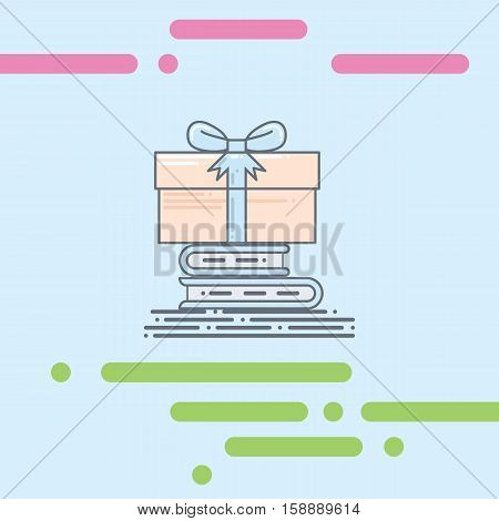 Stack of book flat vector illustration with box gift on the top. surpise gift