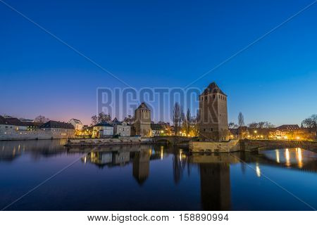 Strasbourg, medieval bridge Ponts Couverts is located in the historic district 