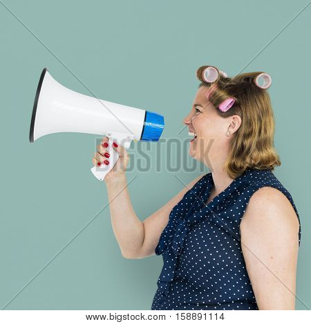 Woman Smiling Happiness Megaphone Announcement Concept