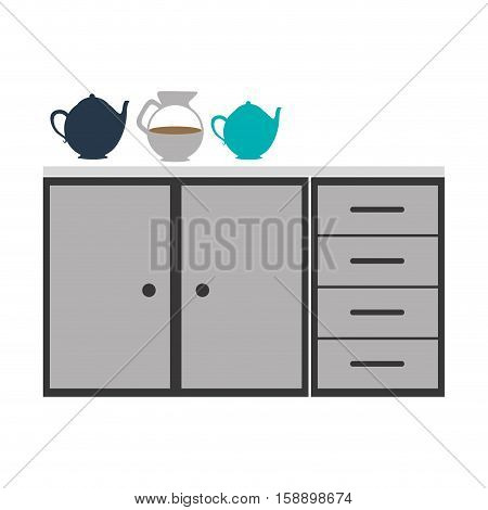 gray scale silhouette with kitchen shelf and drawers and tea kettle vector illustration