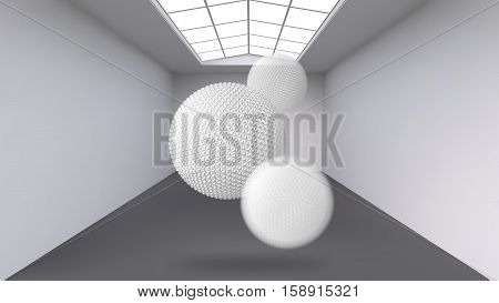 Hanging abstract polygonal object. The white room with the subject in the middle. Exhibition space for objects of modern art. Sci-Fi objects. Structural volumetric grid