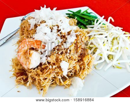 Mixed Crispy Rice Noodle with shrimp or Mi krop Srong Kreung in Thai language Thai food style concept and homemade idea