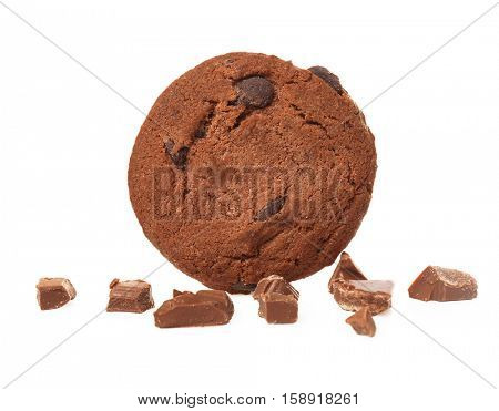 Tasty cookie with chocolate chips on white background