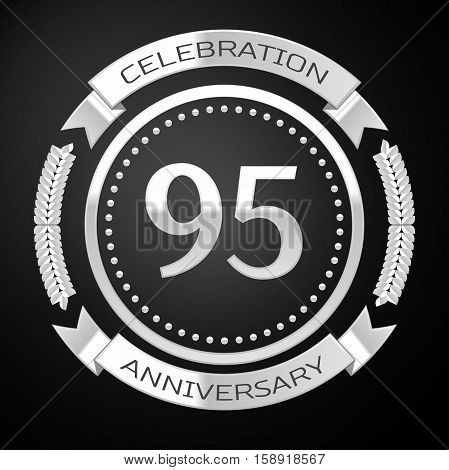 Ninety five years anniversary celebration with silver ring and ribbon on black background. Vector illustration