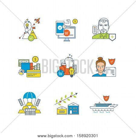 Information technology and information security, creativity, start up, life insurance and property, payment methods icons set over white background. Flat line icons for infographics design elements.