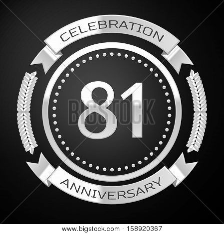 Eighty one years anniversary celebration with silver ring and ribbon on black background. Vector illustration