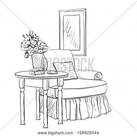 Modern interior hand drawing vector. Furniture sketch