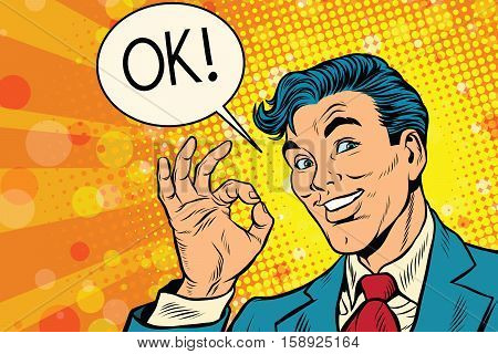 Positive okay businessman pop art retro comic book illustration