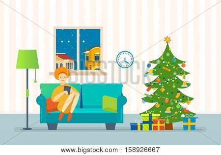 Christmas room interior. New Year festive atmosphere. Interior of the room, woman at home near a Christmas tree, recreation and working with the tablet in the living room. Vector illustration.