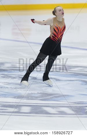 Minsk Belarus -November 19 2016: Unidentified Female Figure Skater performs Ladies Free Skating Program at Ice Star International Figure Skating competition in November 19 2016 in Minsk Belarus