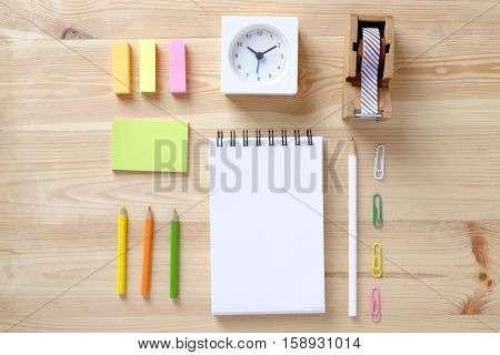 Topview Of Office Stuff On Wooden Working Table.