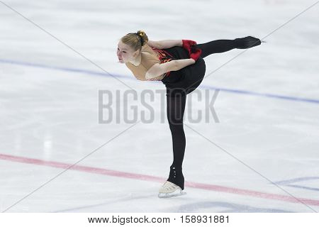Minsk Belarus -November 19 2016: Unidentified Female Figure Skater performs Ladies Free Skating Program at Ice Star International Figure Skating competition in November 19 2016 in Minsk Belarus