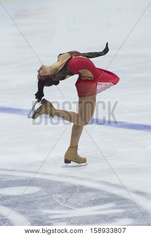 Minsk Belarus -November 19 2016: Unidentified Female Figure Skater performs Ladies Free Skating Program at Ice Star International Figure Skating competition in November 19 2016 in Minsk Republic of Belarus