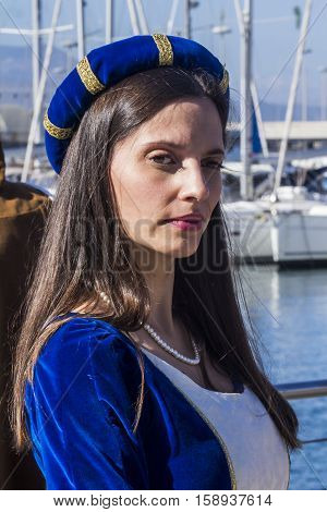 CAGLIARI ITALY - October 29 2016: Invitas waterfront Sardinia Port of performances and food traditions. - Portrait of a beautiful girl of the Association 