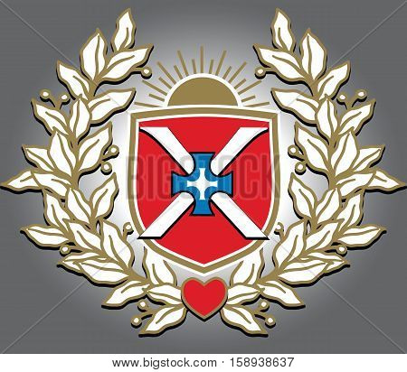 Vector richly and magnific decorated crest with image of triumphal laurel wreath sunrise shield crossed liles and heart.