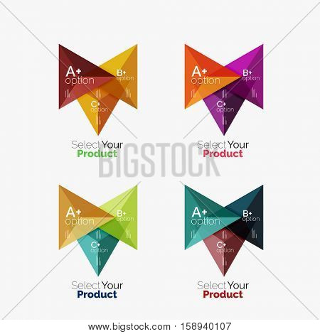 Set of triangle option infographic layouts. Select your product concept, make a choice idea