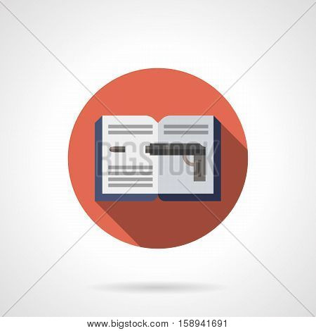 Open book with blue cover and image of shoot gun. Detective novel, police in search of murderers. Read at your leisure. Round red flat design vector icon.