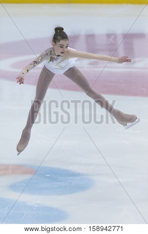 Minsk Belarus -November 19 2016: Unidentified Female Figure Skater performs Ladies Free Skating Program at Ice Star International Figure Skating competition in November 19 2016 in Minsk Republic of Belarus