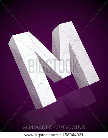 Abstract White 3D polygonal uppercase letter M with reflection. Low poly alphabet collection. EPS 10 vector illustration.