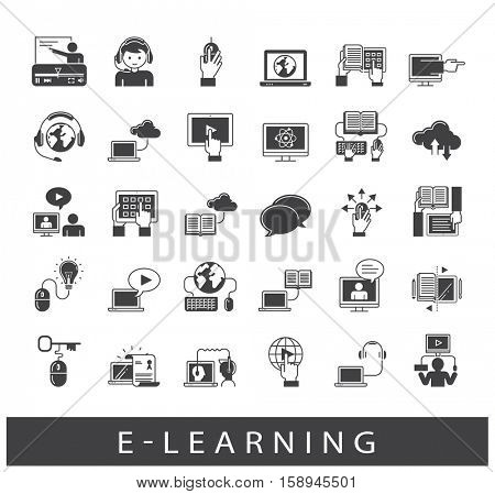 Collection of e-learning icons. Icons of distance learning, cloud computing, online learning and e book.