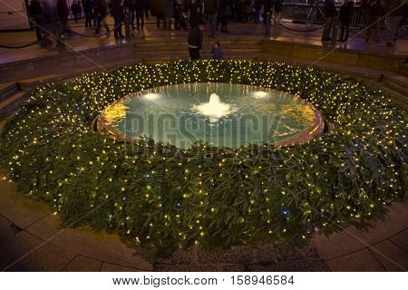 Mandusevac fountain on Ban Jelacic square in Zagreb advent evening view