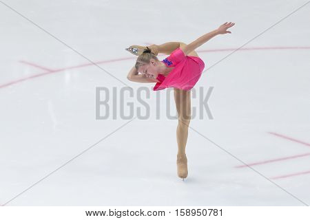 Minsk Belarus -November 19 2016: Unidentified Female Figure Skater performs Ladies Free Skating Program at Ice Star International Figure Skating competition in November 19 2016 in Minsk Republic of Belarus