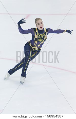 Minsk Belarus -November 19 2016: Unidentified Female Figure Skater performs Ladies Free Skating Program at Ice Star International Figure Skating competition in November 19 2016 in Minsk Republic of Belarus