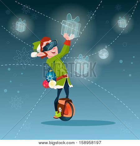 Santa Helper Green Elf Wear Digital Glasses Hold Virtual Present Merry Christmas Happy New Year Flat Vector Illustration
