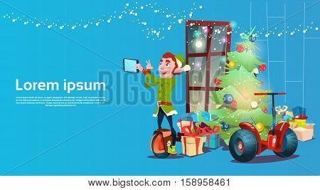 Elf Ride Mono Wheel Making Selfie Photo Decorated Fireplace Christmas Happy New Year Greeting Card Flat Vector Illustration
