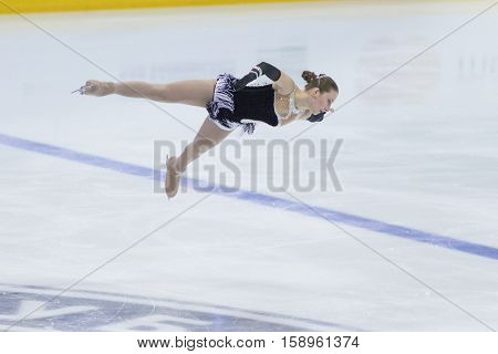 Minsk Belarus -November 19 2016: Unidentified Female Figure Skater performs Ladies Free Skating Program at Ice Star International Figure Skating competition in November 19 2016 in Minsk Republic of Belarus