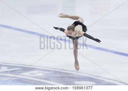 Minsk Belarus -November 19 2016: Unidentified Female Figure Skater performs Ladies Free Skating Program at Ice Star International Figure Skating competition in November 19 2016 in Minsk Republic of Belarus