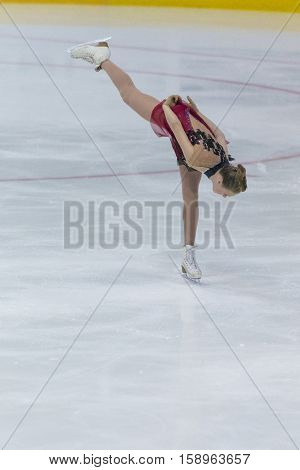 Minsk Belarus -November 19 2016: Unidentified Female Figure Skater performs Ladies Free Skating Program at Ice Star International Figure Skating competition in November 19 2016 in Minsk Republic of Belarus