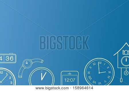 Vector illustration of running out of time concept. Clock is ticking concept. Collection of clocks. Email banner background overlay.