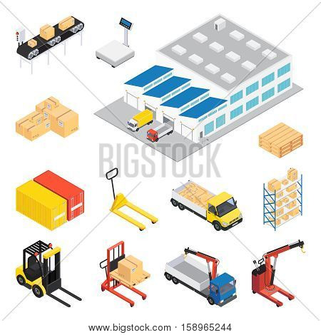 Warehouse isometric icon set with elements and attributes for creating continuous cycle of work with a load of stock vector illustration