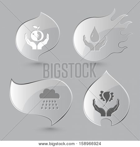 4 images: apple in hands, protection blood, rain, bird in hands. Nature set. Glass buttons on gray background. Fire theme. Vector icons.