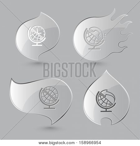 4 images: globe and clock, and handset, and arrow. School globe set. Glass buttons on gray background. Fire theme. Vector icons.