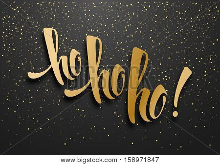 Merry Christmas greeting card with calligraphy Hohoho and golden glitters. Hand drawn brush lettering. Vector illustration.