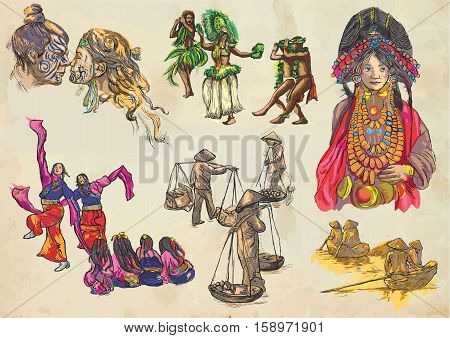 United colors of human race. PEOPLE around the World. An hand drawn vector illustrations - collection. Set of freehand sketches. Hand drawing pack. Colored line art technique.