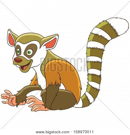 Cute and happy cartoon lemur animal isolated on white background. Childish vector illustration and colorful book page for kids.