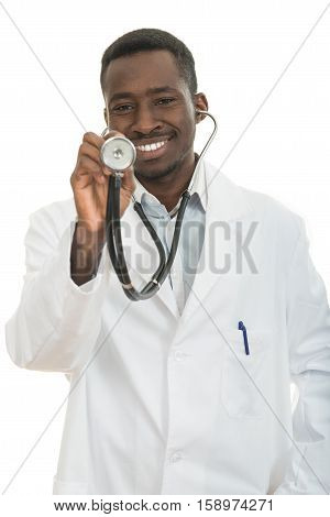 African-American black doctor man holding sthethoscope isolated white background.