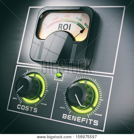 Return on Investment concept. ROI and benefits in the maximum positions switches and costs in the minimum. 3d illustration