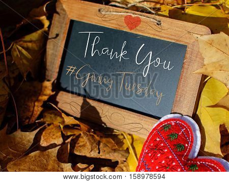 Giving Tuesday Thank You for donations with hashtag #givingtuesday words on rustic vintage chalkboard and hearts for community love start the holiday giving season and spirit part of a series with copy space