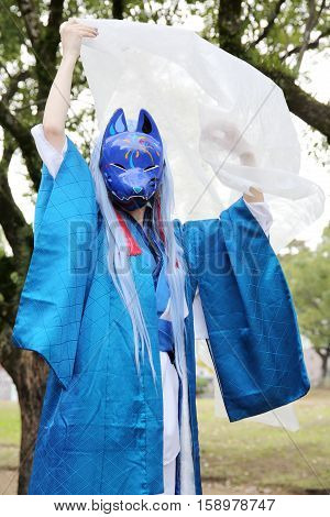 Marugame, Kagawa, Japan -  November 20, 2016: Young japanese girl dressed in cosplay costume at Mamugame-Jou Park. Photo taken in Marugame Cosplay Convention