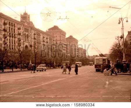 Kiev Ukraine - May 1964: Crosswalk on Kreschatik street.