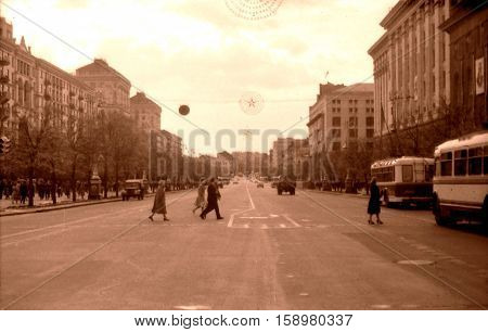 Kiev Ukraine - May 1964: The crosswalk on Kreschatik street.
